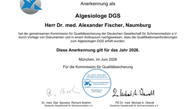 Anerkennung als Algesiologe DGS für Dr. med. Alexander Fischer, gültig bis 2026, ausgestellt von der Kommission für Qualitätssicherung.