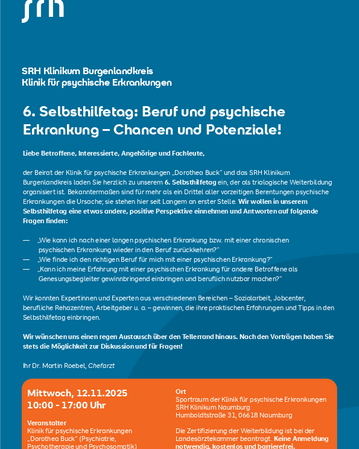 6. Selbsthilfetag: Beruf und psychische Erkrankung – Chancen und Potenziale. Veranstaltung am 12.11.2025, 10:00-17:00 Uhr im SRH Klinikum Burgenlandkreis.