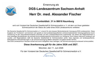 Ernennung von Dr. med. Alexander Fischer als Leiter des DGS-Landeszentrums Sachsen-Anhalt, gültig für 2026 und 2027.