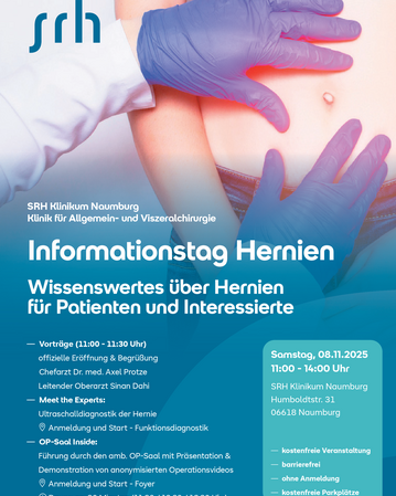 Informationstag über Hernien mit Vorträgen, Expertenmeetings und OP-Demonstrationen im SRH Klinikum Naumburg am 08.11.2025.