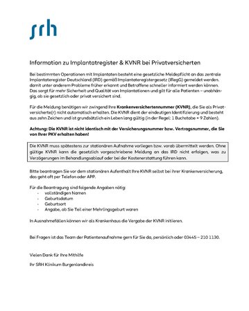 Informationen zu Implantatregister und KVNR für privatversicherte Patienten. Wichtige Hinweise zur Meldung und erforderlichen Daten.