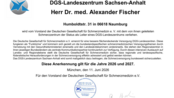 Ernennung von Dr. med. Alexander Fischer als Leiter des DGS-Landeszentrums Sachsen-Anhalt, gültig für 2026 und 2027.